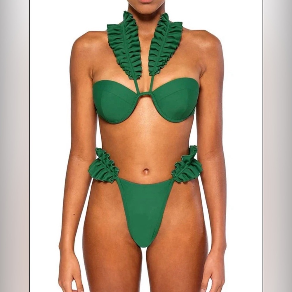 Boutique Green Bikini Set Small Ruffle Strap Underwire NWOT Swimwear